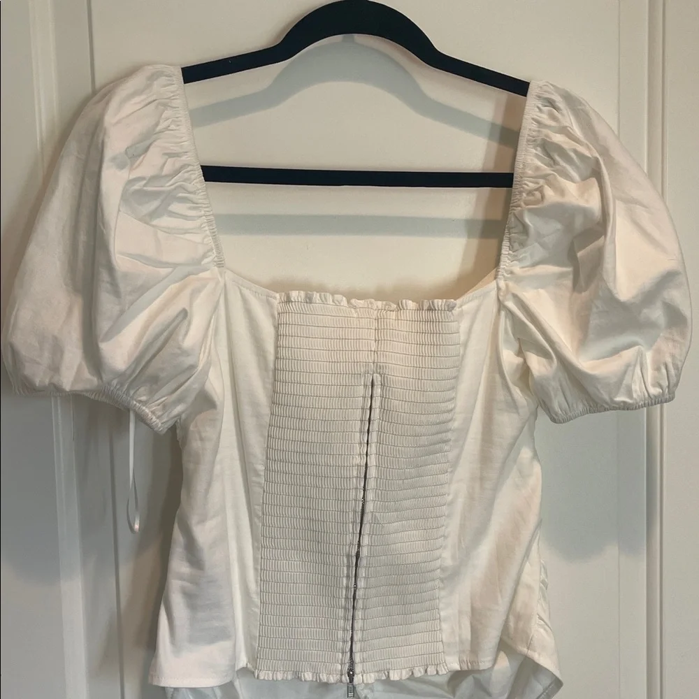Reformation White Ruched Puff Sleeve Blouse